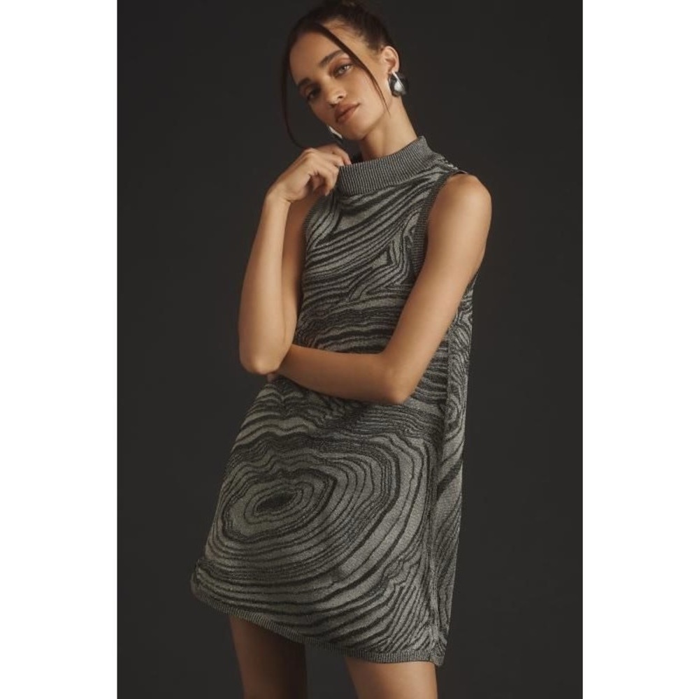 Anthropologie Metallic Black and Gray Swirl Mock-Neck Sweater Dress